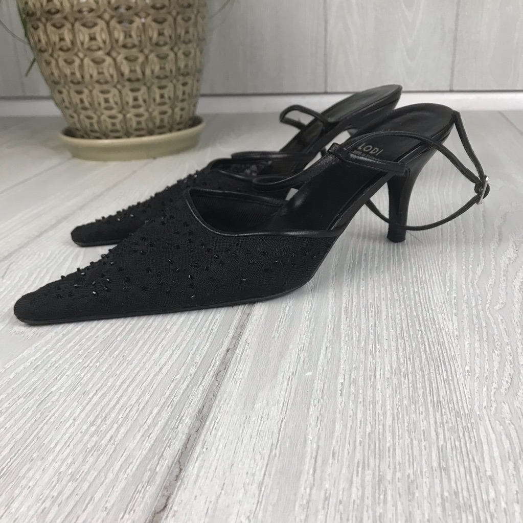 Lodi Embellished Beaded Black Pointed Toe Leather Ankle Strap Heels